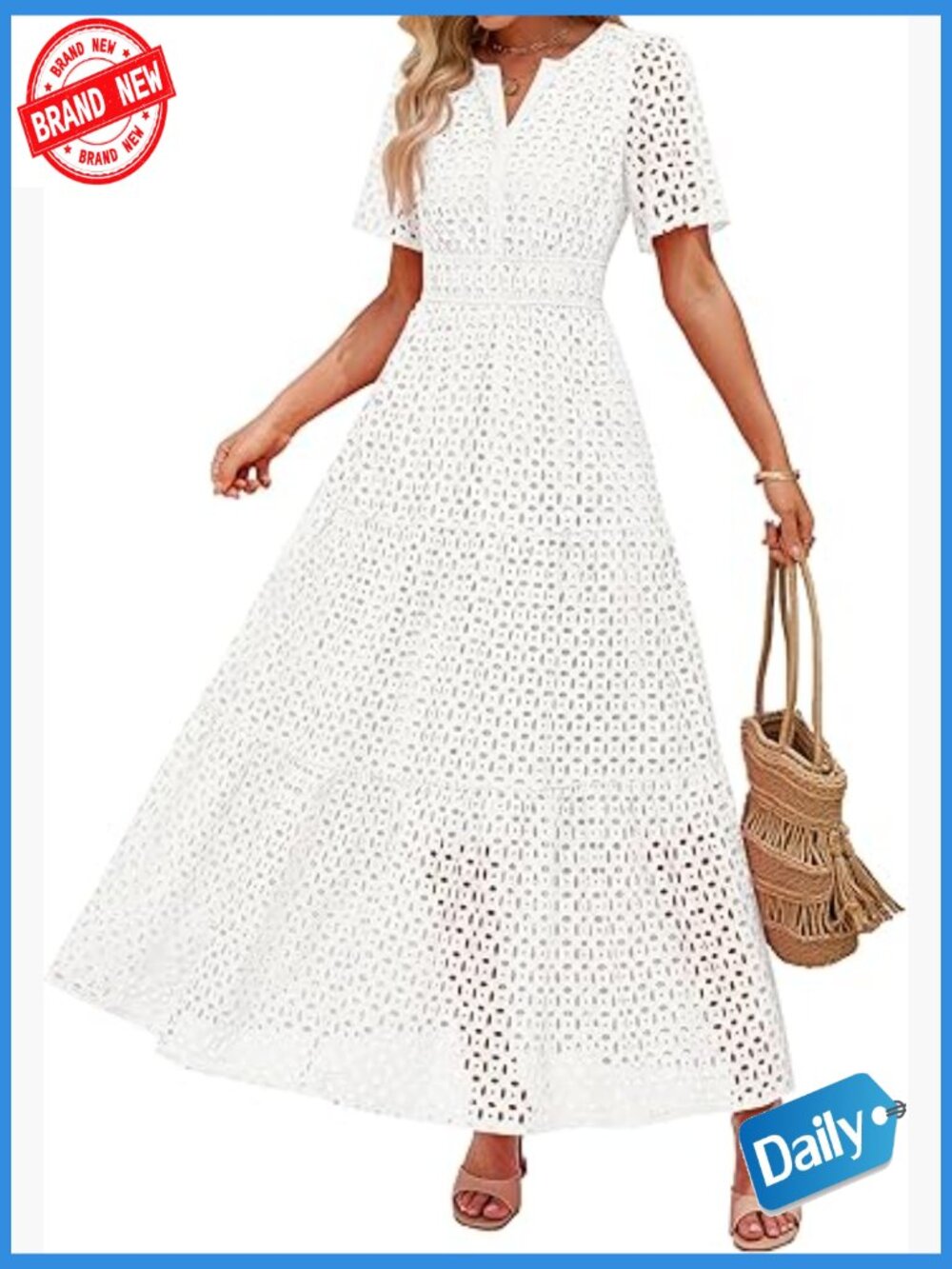 Summer Maxi Dress V Neck Short Sleeve A Line Beach Vacation Long Dress